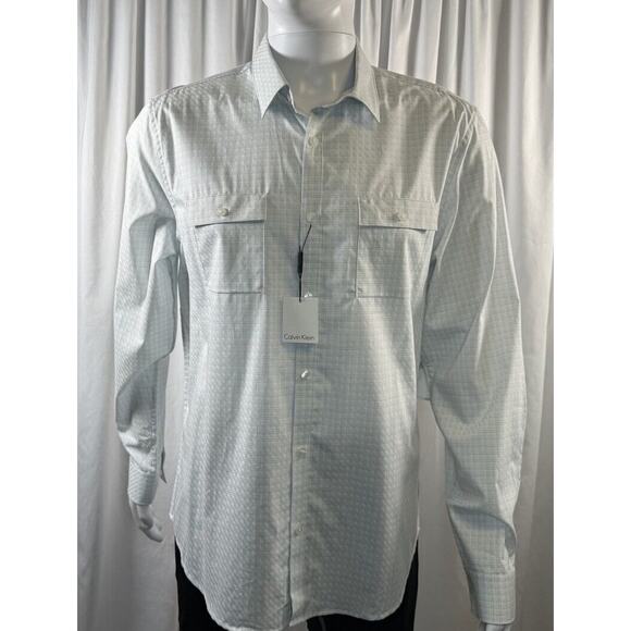Calvin Klein NWT Plaid Cotton Flap Pocket Shirt White Blue L sustainable 77-16 - Picture 1 of 14